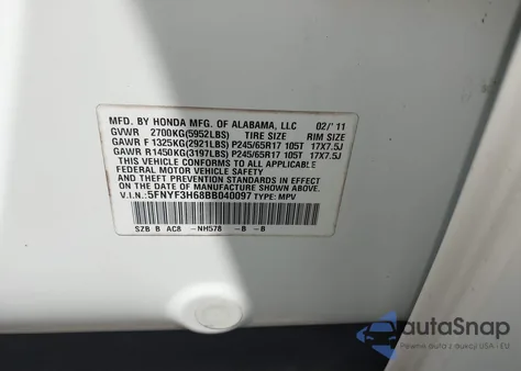 2011 Honda Pilot Ex-L from USA, damaged, VIN 5FNYF3H68BB040097